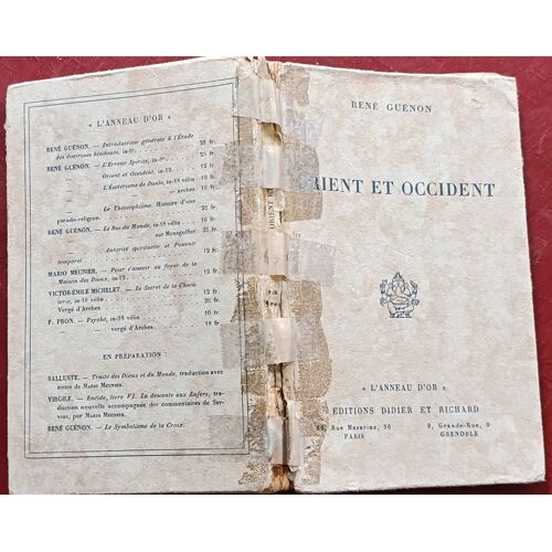 Orient Et Occident Par René Guénon ( Édition Originale ( L' Anneau D' Or ), Didier Et Richard, Paris, Grenoble, 1930).