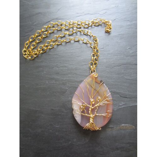 Sautoir Avec Grand Pendentif En Agate Beige