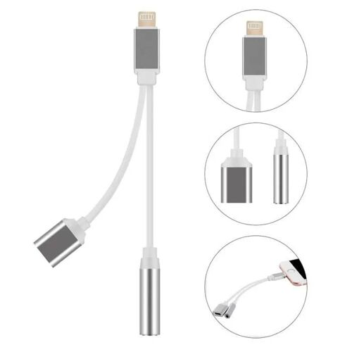 Doubleur prise lightning charge + son jack 3.5 mm couleurs blanc et argent