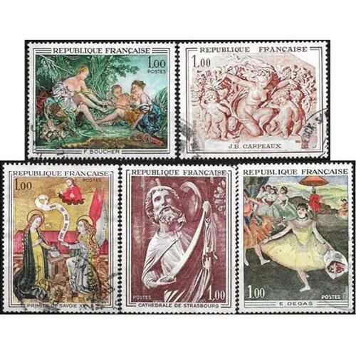France 1970, Belle Série Artistique Complète, Timbres Yvert 1640 "L'annonciation", 1641 Sculpture De Carpeaux, 1652 Boucher, 1653 Degas, 1654 Cathédrale Strasbourg, Oblitérés, Tbe