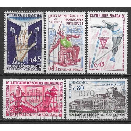 France 1970, Beaux Timbres Yvert 1642 Congrès Philatélique, 1648 Libération Des Camps De Concentration,1649 Jeux Mondiaux Handicapés, 1650 Championnat D'athlétisme, 1651 Salines De Chaux, Oblit. Tbe