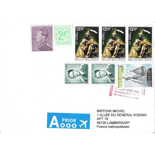 Belgique, Belle Enveloppe - Timbres 1066 De 1958 - Baudoin, 1443 De 1968 Lion Héraldique, 431 De 1936 Léopold 3, 1135 De 1960 Parachutisme, 1783 De 1975 Retable Église De Geel, Tbe