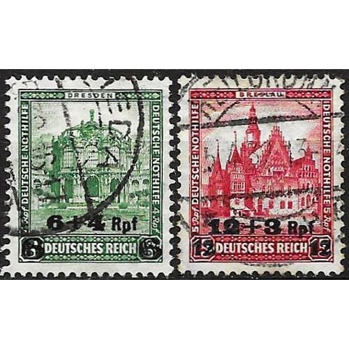 Allemagne, Rép. De Weimar 1932, Beaux Timbres Oblitérés Yvert 439 440, Le Zwinger De Dresde Et L'Hôtel De Ville De Breslau, Avec Surcharge.