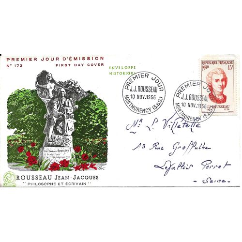 France 1956, Belle Enveloppe 1er Jour, Timbre Yvert 1084, Jean Jacques Rousseau, Philosophe Et Écrivain, Belle Illustration Couleur Relief.