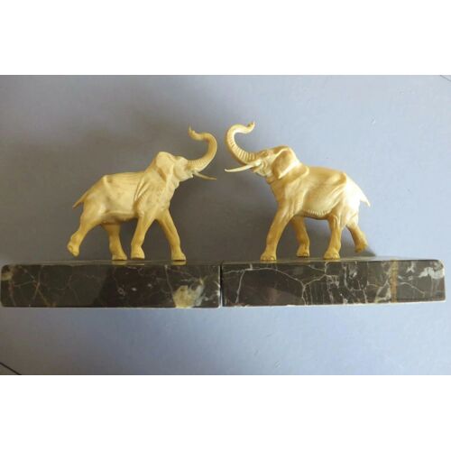 Paire Anciens Serre-Livres Éléphants Résine Et Marbre