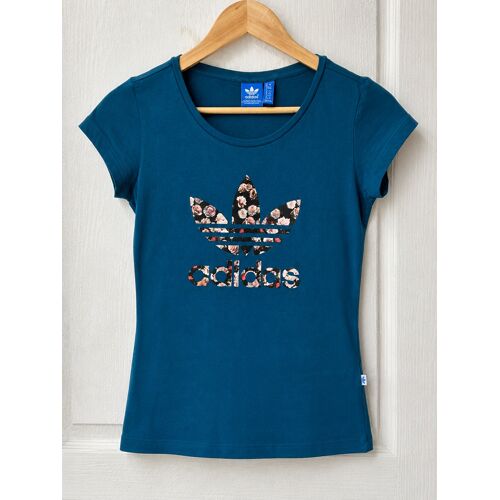 Adidas T-Shirt Originals Trefoil Bleu Pétrole À Logo Floral, Taille 36, 100% Coton