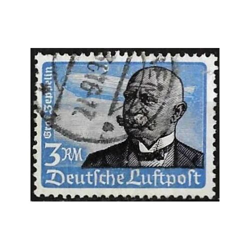Allemagne, 3ème Reich 1934, Beau Timbre De Poste Aérienne Yvert 53, Comte Ferdinand Von Zeppelin, 3mk Bleu Et Noir, Oblitéré, Cote 60 Euros.