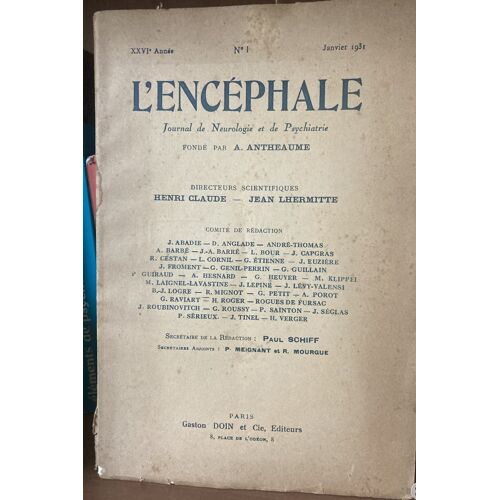 L'Encéphale. Journal De Neurologie Et De Psychiatrie. No 1, Janvier 1931