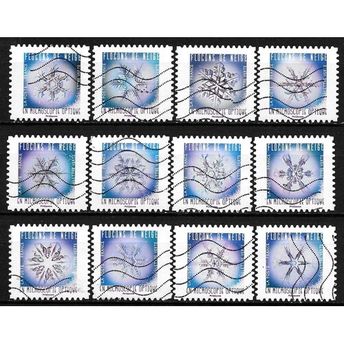 France 2018, Belle Série Complète 12 Timbres Yvert 1629 À 1641, Flocons De Neige En Microscopie Optique, Oblitérés, Tbe.