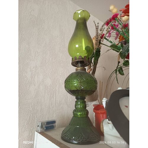 Lampe À Pétrole Vintage En Verre Vert – Années 70 – Fonctionnelle