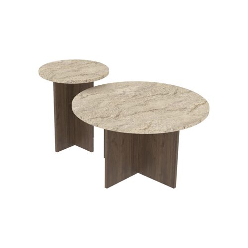 Ensemble de 2 tables basses rondes effet travertin et noyer TRAVI