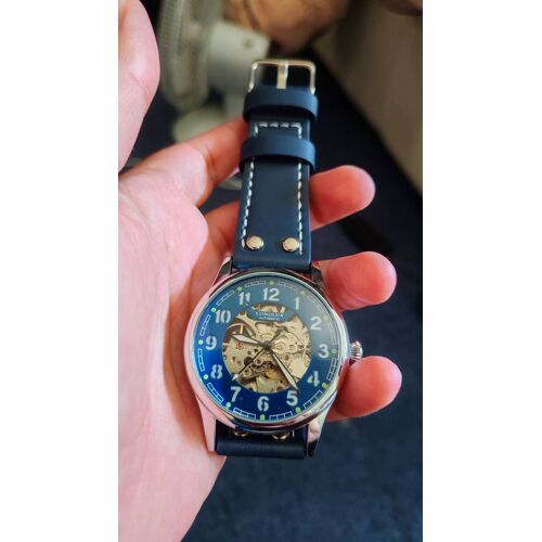 Montre Automatique Squelette Longlux – Cadran Bleu / Boîtier Acier & Bracelet Aviateur