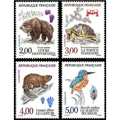 France 1991 - Série Animaux, Très Beaux Timbres Neufs** Luxe Yvert 2721 L'ours, 2722 La Tortue Terrestre, 2723 Le Castor, 2724 Le Martin Pêcheur.