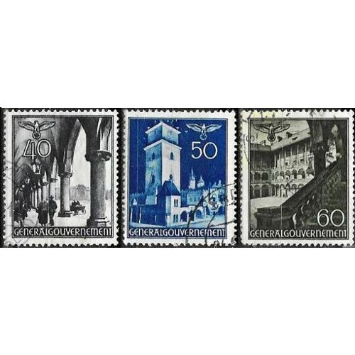 Pologne, Occupation Allemande, General Gouvernement, Beaux Timbres Yvert 63 64 Et 65, Cracovie, Arcades Du Marché Aux Draps De, Tour De L'Hôtel De Ville Et Cour Du Château, Oblitérés, Tbe.
