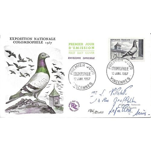France 1957, Belle Enveloppe 1er Jour, Timbre Yvert 1091, Colombophilie, Belle Illustration Couleur Relief Signée Gandon, Cachet De Vincennes.