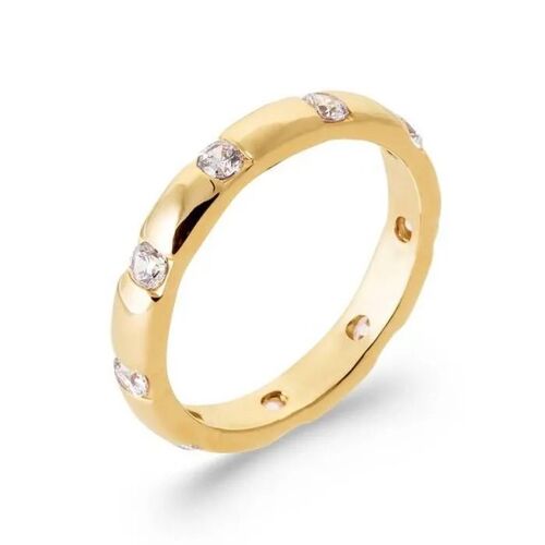 Bague Alliance Serti 10 Cristaux Zirconium Plaqué Or 18 Carats T50 À 68 - Bijouxia - Femme - Cristal - Doré
