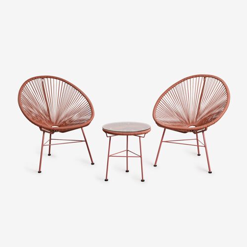 Ensemble de salon avec 2 fauteuils et table d'appoint en acier et rotin synthétique New Acapulco Terracota