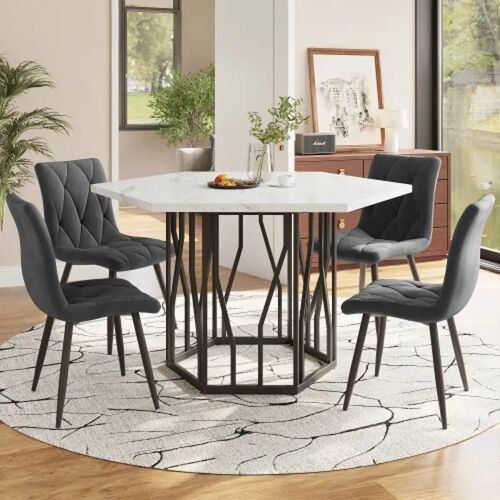 Ensemble salle à manger - Moderne - Table hexagonale en marbre - 4 chaises en velours gris - 5 pièces