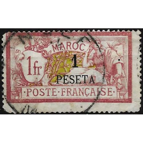 Maroc Espagnol, Bureaux Français 1902, Rare Timbre Yvert 16, Merson 1f. Lie De Vin Et Olive, Libellé Maroc, Surchargé "1 Peseta", Cote 77, État Moyen, Petit Prix.