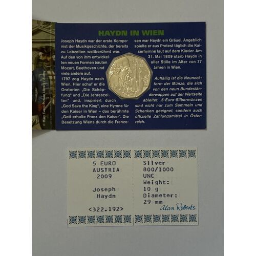 Pièce De Collection 5 Euros Argent, Fdc, Joseph Haydn Sous Blister D’Origine, Année 2009- Avec Certificat D’Authenticité. 