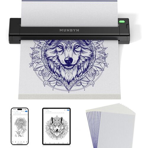 MUNBYN ITP05S Thermocopieur Tatouage Bluetooth, 10 Feuilles Papier Transfert Imprimante, Imprimante Stencil Tatouage, Transfert Tatouage Machine Copieur pour iOS, Android et Mac, Noir