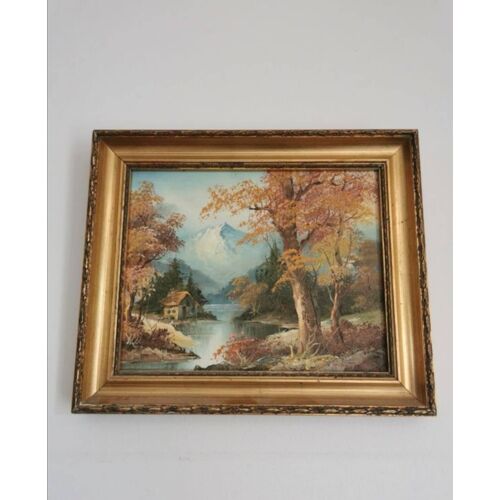 Tableau Peinture Cadre À L’Huile Paysage Signé 27x32cm