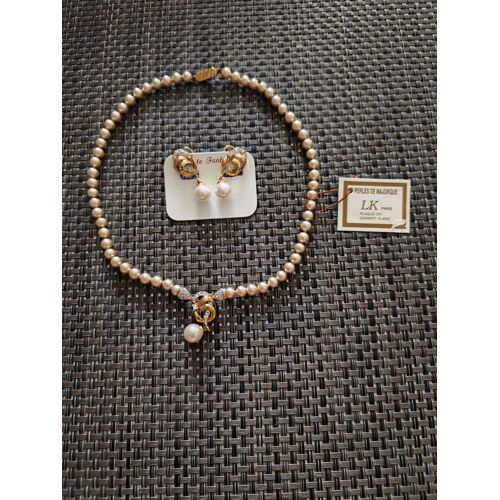 Parure Collier+Boucle D'Oreille Perle De Plaqué Or.