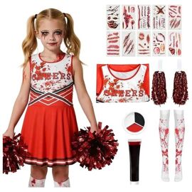 Deguisement Zombie Cheerleader Fille Taille L, Costume Complet Halloween Avec Robe, 2 Pompons, Faux Sang, Maquillage Et Tatouages