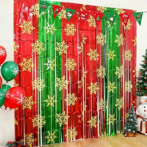 Rideau décoratif brillant Aucune marque Rideau de Noël flocons de neige rouge et vert fibre métallisée avec bannière triangulaire