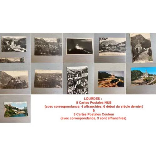 Lourdes :  8 Cartes Postales N&B (Avec Correspondance, 4 Affranchies, 6 Début Du Siècle Dernier) & 3 Cartes Postales Couleur (Avec Correspondance, 3 Sont Affranchies)