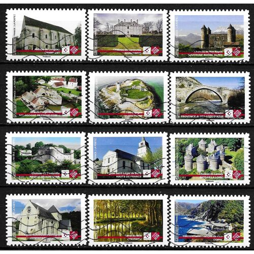 France 2019, Belle Série Complète 12 Timbres Yvert 1765 1776, Ensemble Sauvons Notre Patrimoine, Sites Mis En Avant Par Stephane Bern Pout Bénéficier De Subventions, Oblitérés, Tbe.