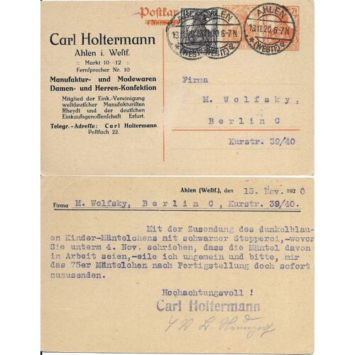 Allemagne, Rép. De Weimar 1920, Belle Carte Postale ; Entier Postal, 2 Timbres Germania Yvert 98, 7 1/2pf Orange Et Timbre Germania Yvert 100, Germania 15pf. Violet Noir, Oblitérés Cachets Ronds, Tbe.