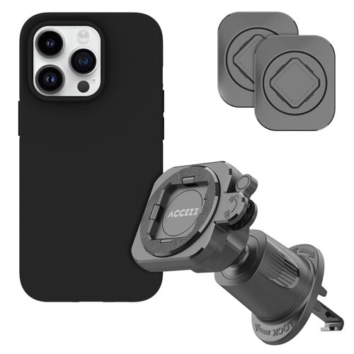 Accezz EasyLock Support de téléphone de voiture Avec coque iPhone 14 Pro Grille de ventilation Rotation à 360 degrés Noir