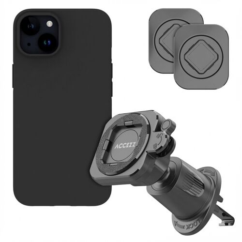 Accezz EasyLock Support de téléphone de voiture Avec coque iPhone 15 Grille de ventilation Rotation à 360 degrés Noir