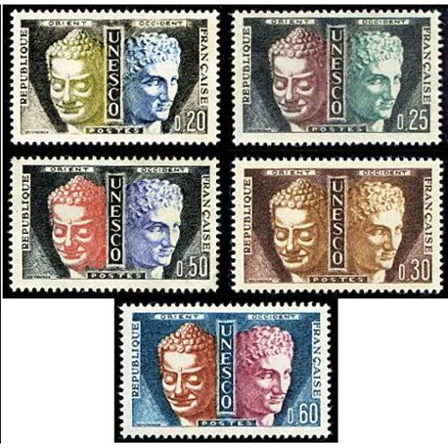 France 1960 / 1965, Très Belle Série Complète, 5 Timbres De Service De L'unesco Neufs** Luxe Yvert 22 À 26, Orient - Occident, Têtes De Bouddha Et D'hermès De Praxitèle.