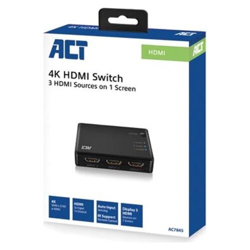 ACT Commutateur HDMI 4K 3 ports, affichez 3 sources HDMI sur un seul moniteur.