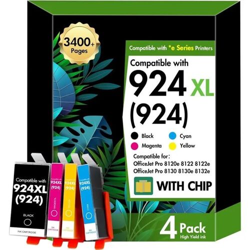 Pack 4 Cartouches Encre 924XL avec Puce pour HP OfficeJet Pro 8122e 8132e (Noir, Cyan, Jaune, Magenta).