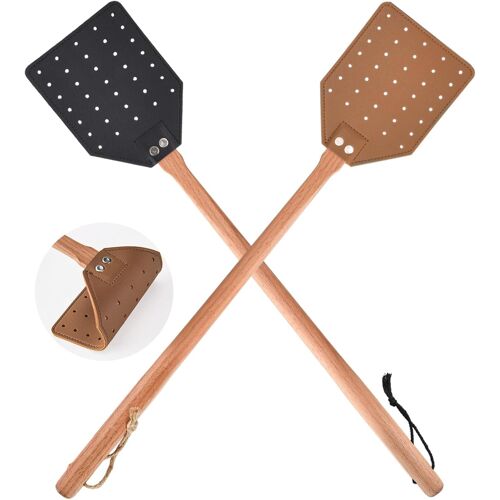 2 pièces de tapette à Mouches en Cuir, tapette à Mouches Stable avec Manche en Bois, exterminateur d'insectes pour intérieur extérieur, Tueur de Mouches, tapette à moustiques