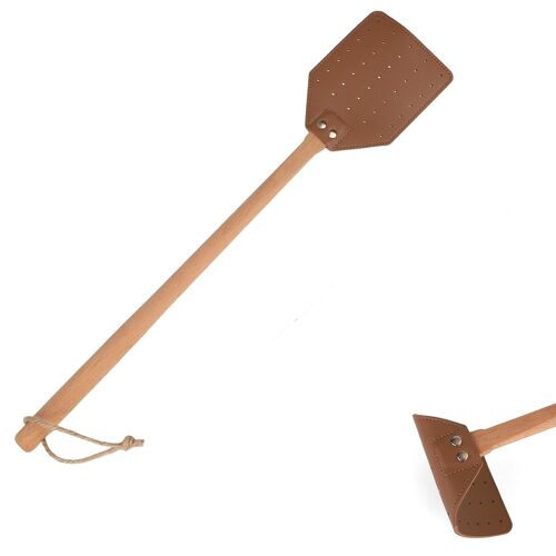 1Pcs Tapettes à Mouches en Cuir - Manche Long en Bois - pour La Maison La Cuisine l'Intérieur et l'Extérieur - Marron
