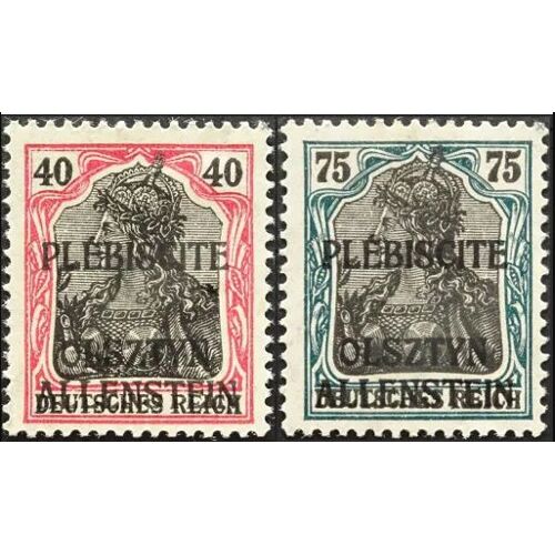 Allemagne, Anciens Territoires 1920, Beaux Timbres Neufs* Yvert 7 Et 9, Types Germania 40pf. Rouge Et Noir Et 75pf. Vert Et Noir Surchargés "Plébiscite Olsztyn Allenstein"
