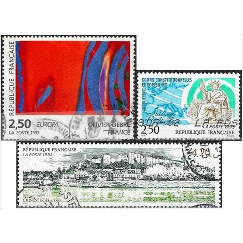 France 1993, Beaux Timbres Yvert 2797, Europa, Oeuvre D'Olivier Debré, "Rouge Rythme Bleu", 2808 Cours Constitutionnelles Européennes Et 2817 Chinon, Indre-Et-Loire, Oblitérés, Tbe.
