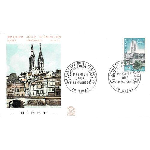 France 1966, Très Belle Enveloppe 1er Jour Fdc 565, Timbre Yvert 1485, 39ème Congrès Des Sociétés Philatéliques À Niort - Vue De L'église Saint André.