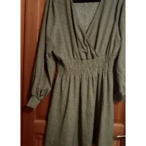 Robe Courte Vert Plumetis Froncée Et Élastique À La Taille, En Polyester À Manches Longues - Taille 2xl