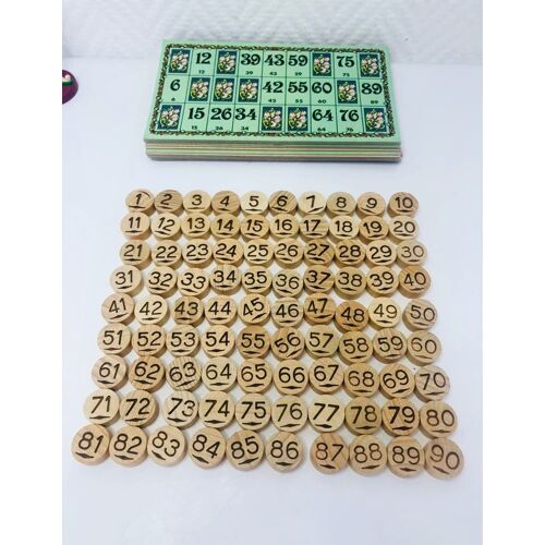 Ancien Jeu De Loto En Bois – 90 Jetons Numérotés Complets + 12 Cartons Vintage