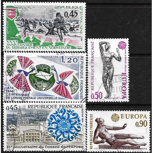 France 1974, Beaux Timbres Yvert 1789 1790, Europa, Oeuvres De Rodin Et Maillol, 1792 25 Ans Du Conseil De L'europe, 1799 Débarquement De Normandie Et 1817 100 Ans De L'upu, Oblitérés, Tbe.
