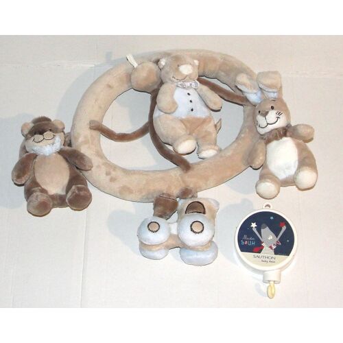 mobile oscar et léon noukie's peluche écureuil train lapin ours mécanisme musical Sauthon baby