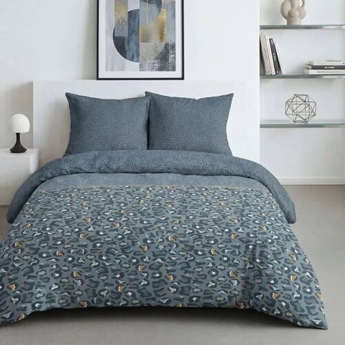 Parure De Lit Coton Imprimé Léopard Today Bleu 240 X 260 Cm Avec 2 Taies 63 X 63 Cm