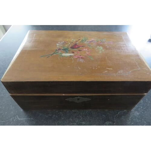Ancien Coffret En Bois Motifs Polychrome