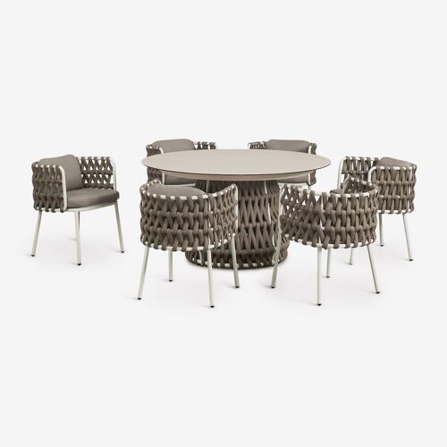 Set De Table Ronde Ø140 Cm En Céramique Et 6 Chaises De Jardin Avec Accoudoirs En Aluminium Et Corde Tressée Tevary Blanc Gardenia