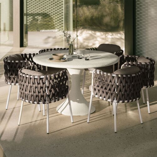 Ensemble De Table Ronde Ø120 Cm En Ciment Eloria Et 6 Chaises De Jardin En Aluminium Et Corde Tressée Tevary